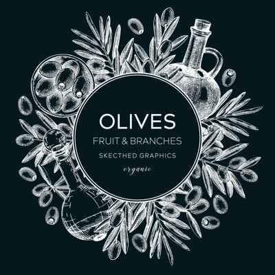 Olive oil background. Hand-drawn vector illustration on chalkboard. Olive tree branches, glass bottle, olives sketches. Italian food frame in vintage style. Vegetable oil design template